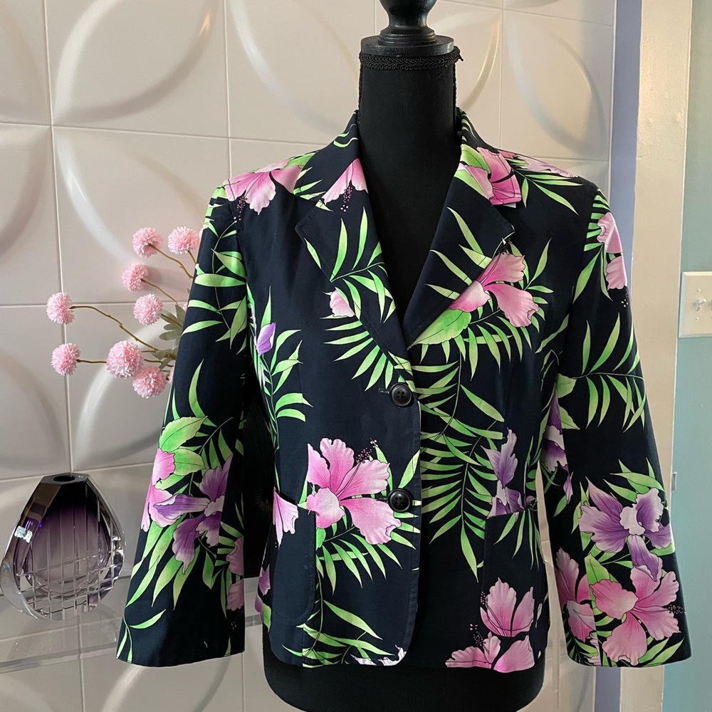 Rafaella Women's Black Tropical Hibiscus Blazer Jacket Size 8